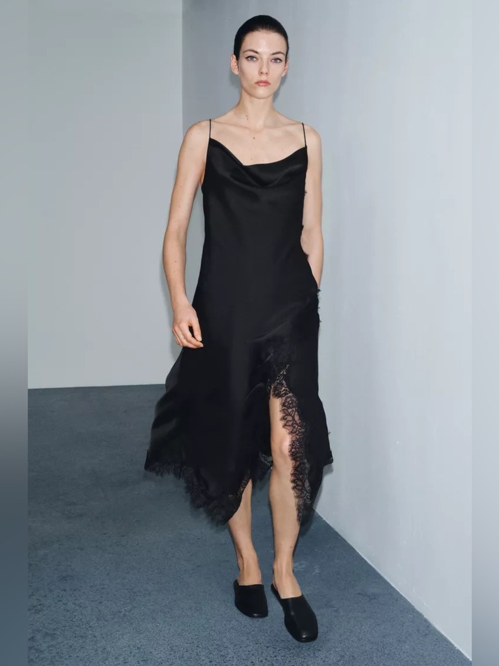 Zara Black Satin Slip Midi Dress with Lace Trim